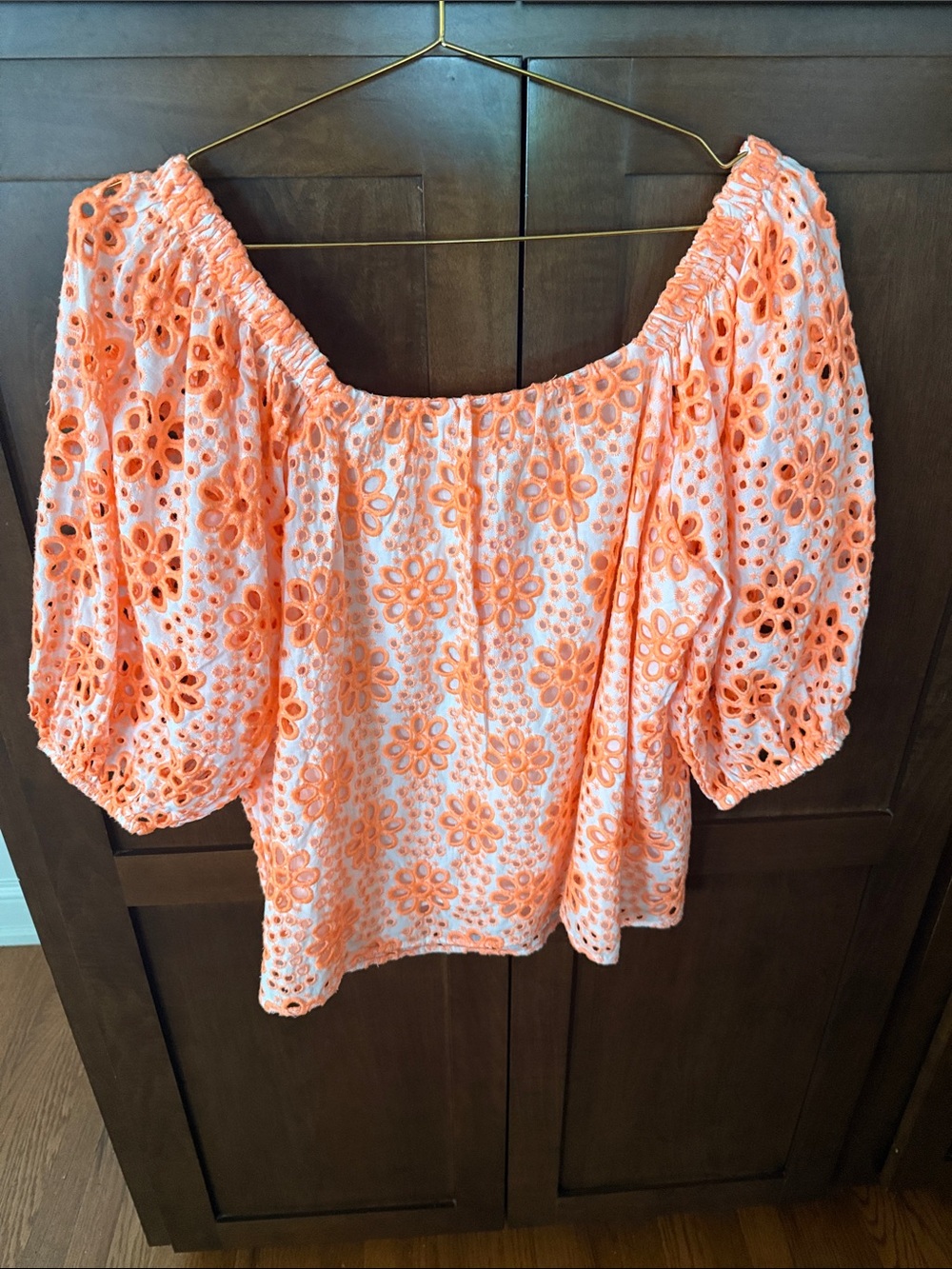 Lilly Pulitzer Orange Floral Eyelet Off-Shoulder Blouse - Picture 2 of 4